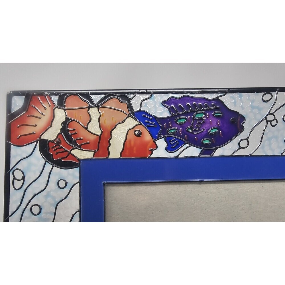 Vintage FIGI Hand Painted Fish Scene  Stained Glass Frame For 4x6 Photo - Picture 2 of 12